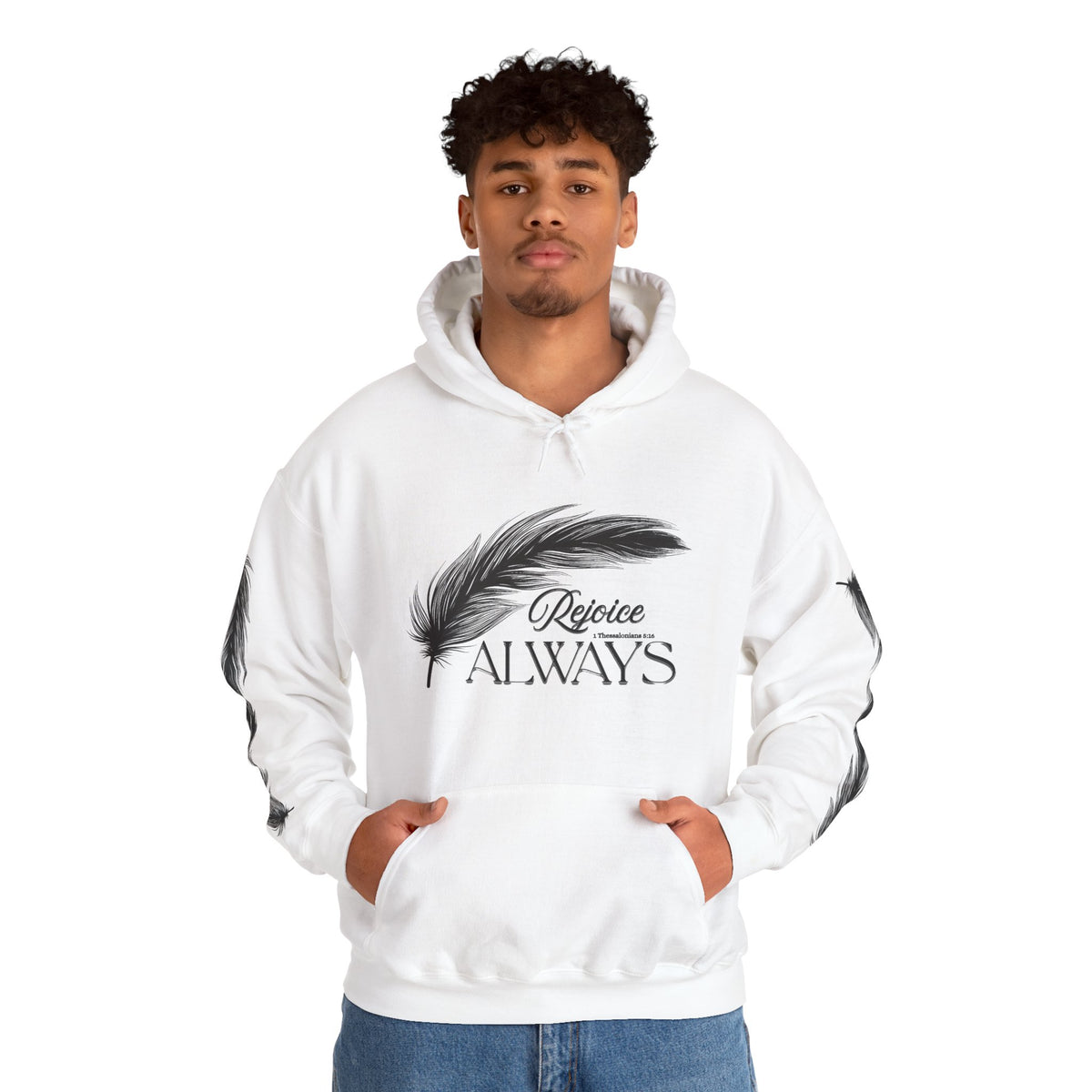 Hoodie — 'Rejoice Always' Feather Graphic Pullover